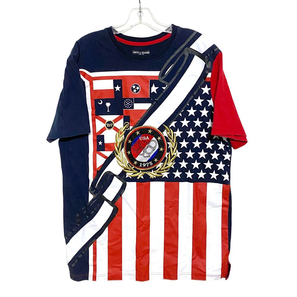 Smith & Graham Embroidered USA Flag Shirt Men 2XL Streetwear Patriotic Americana